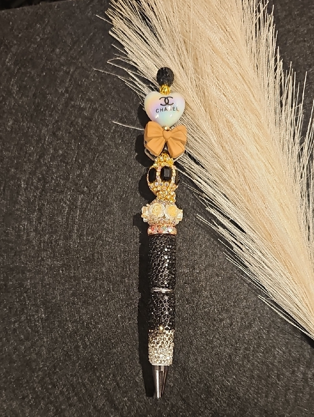 Inspired Black and Gold Jeweled Pen with Beige Bow and Heart Charm